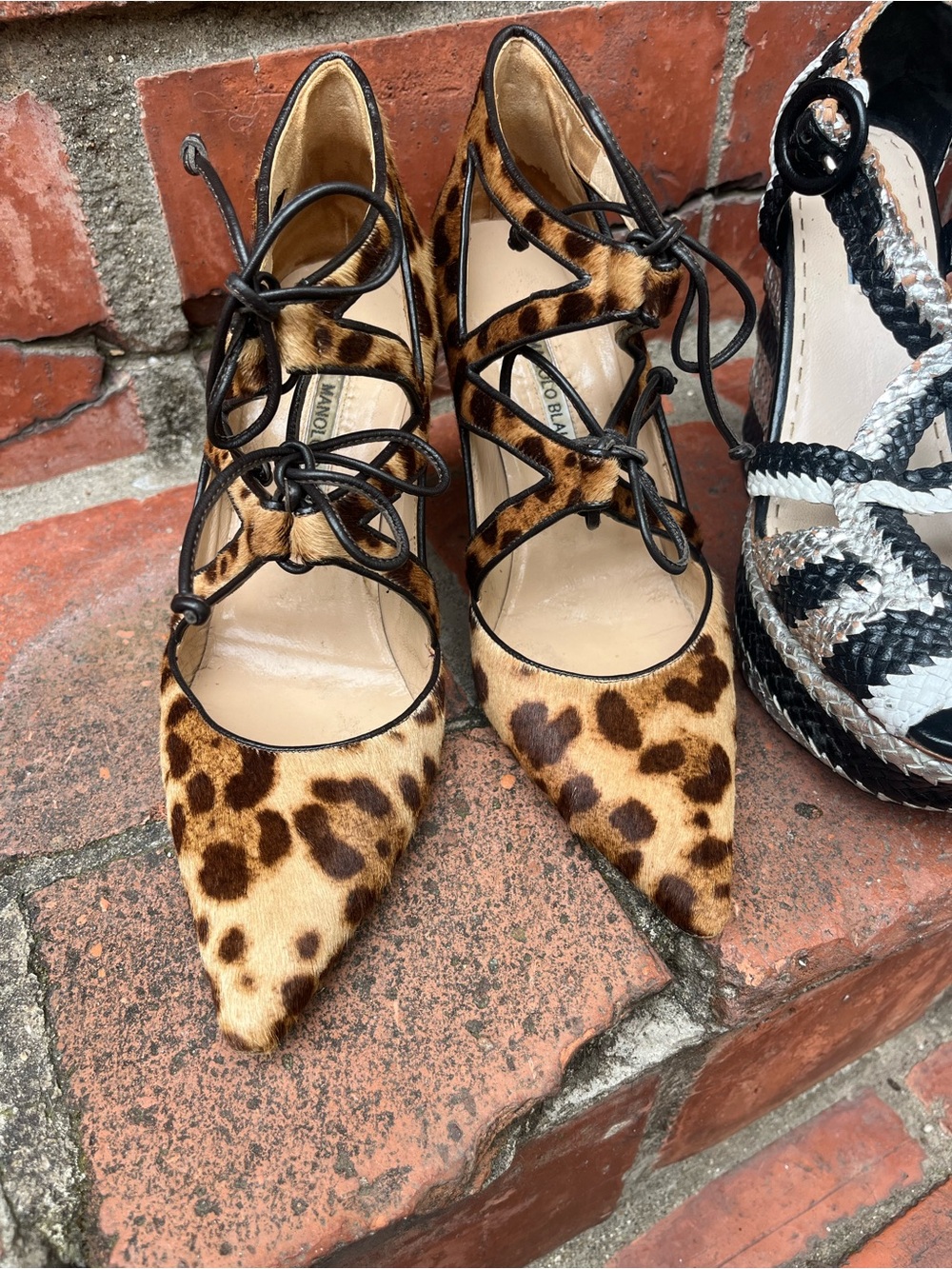 2 pairs, Prada silver black wedges and Manolo Blahnik pony hair tie pumps - Picture 2 of 11